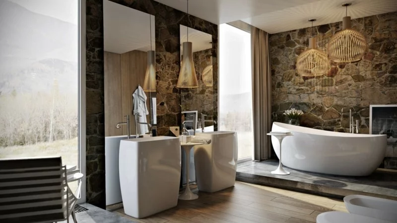 Luxus Badezimmer rustikaler Stil Holz moderne Badeinrichtung Badewanne freistehend