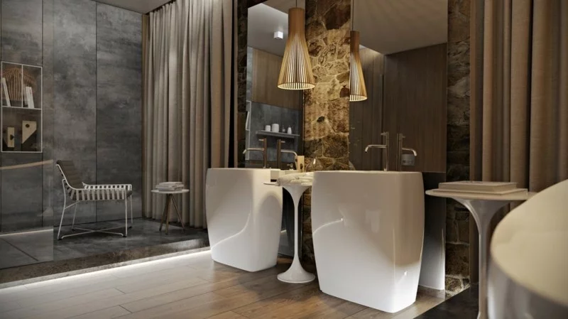 Luxus Badezimmer rustikaler Stil Steinwand moderne Badarmatur