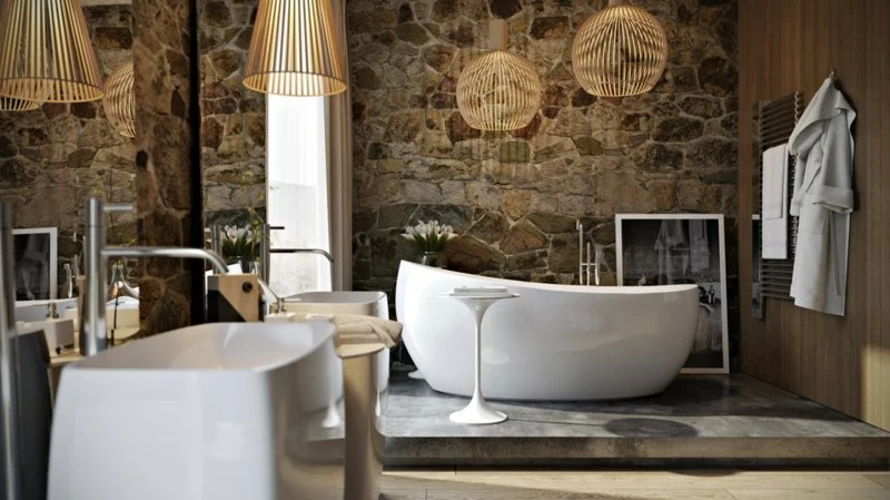 Luxus Badezimmer rustikaler Stil Steinwand moderne Badeinrichtung