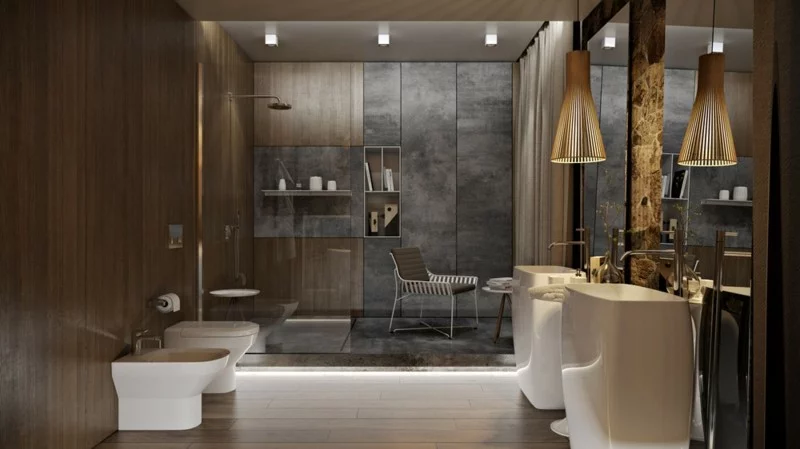 Luxus Badezimmer rustikaler Stil indirekte Beleuchtung moderne Badarmatur