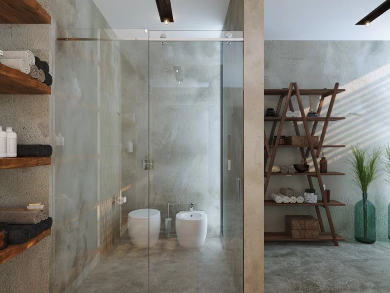 Traumbäder moderne Dusche Badmöbel Holzregal Handtücher Luxus Badezimmer