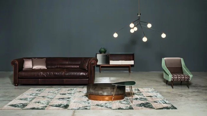 baxter sofa chester couch echtleder dunkelbraun runder couchtisch moderne beleuchtung