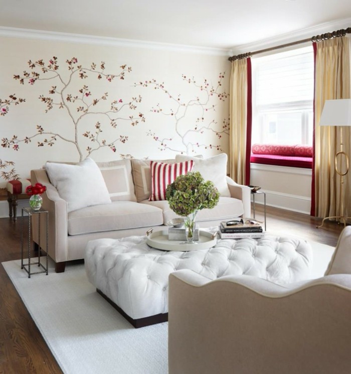dekoideen wohnzimmer florale elemente weißer teppich