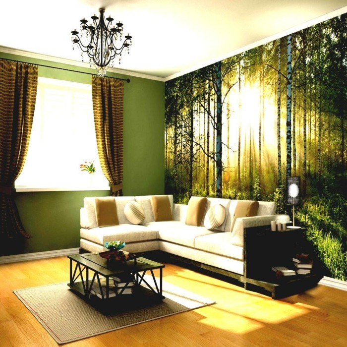 dekoideen wohnzimmer wanddeko gardinen grüne wandfarbe