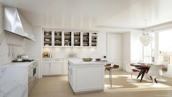küchenplanung moderne kücheneinrichtung weiße schränke vitrine kücheninsel