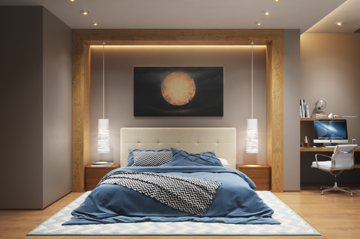 lampe schlafzimmer hängelampen teppich hellgraue wände