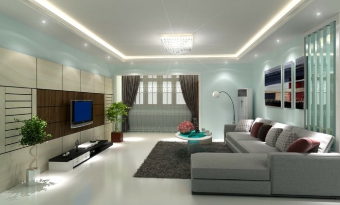 lampen wohnzimmer led beleuchtung abgehängte decke weißer teppich grauer boden