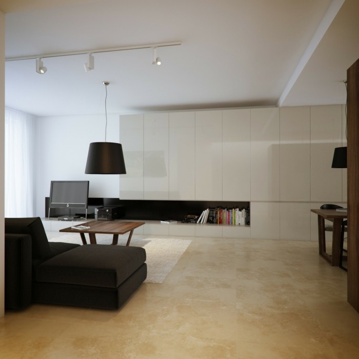 lampen wohnzimmer moderne beleuchtung schwarzes sofa beige bodenbelag