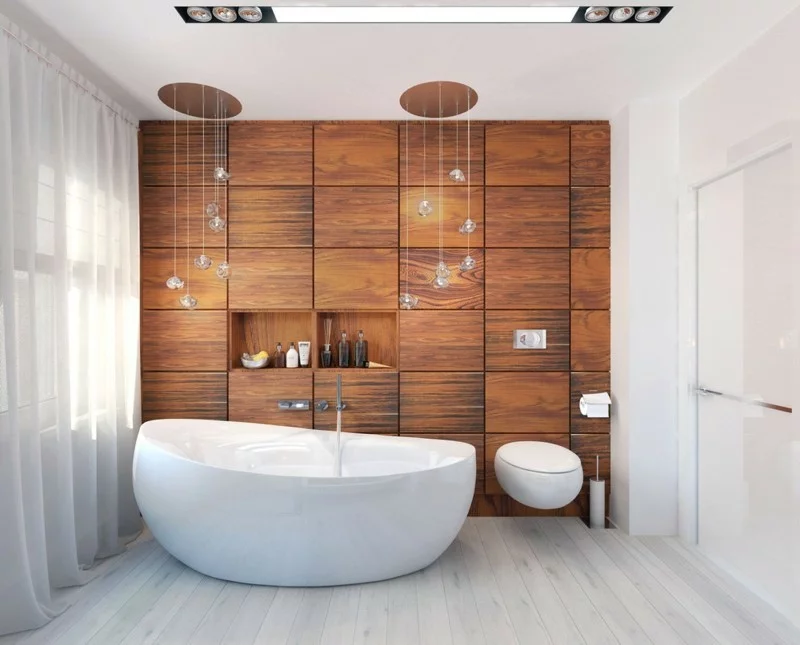 moderne Bäder Holzschrank eingebaut freistehende Badewanne Luxus Badezimmer