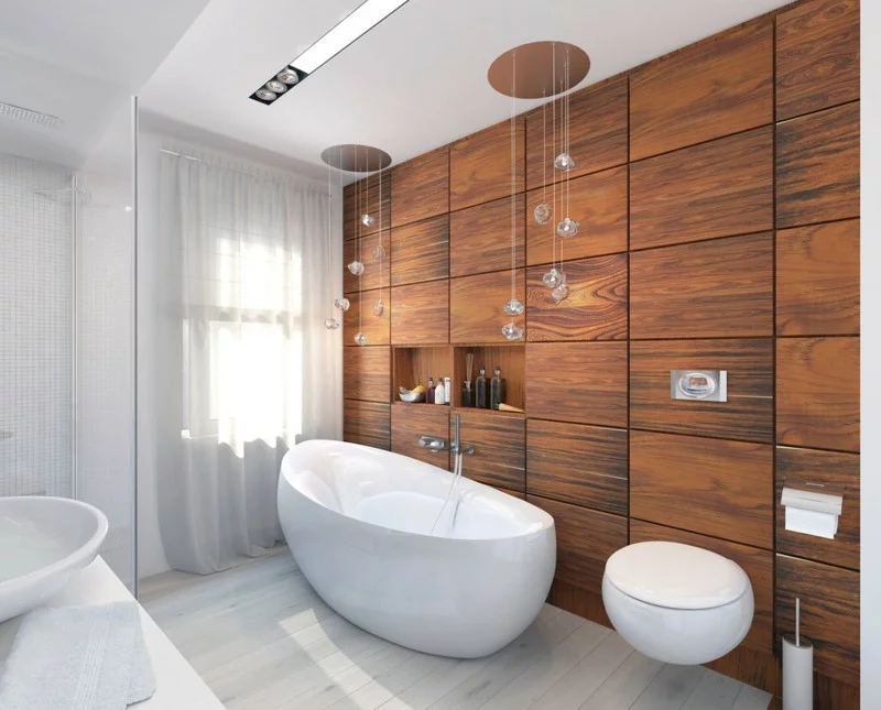 moderne Bäder Holzschrank eingebaut freistehende Badewanne