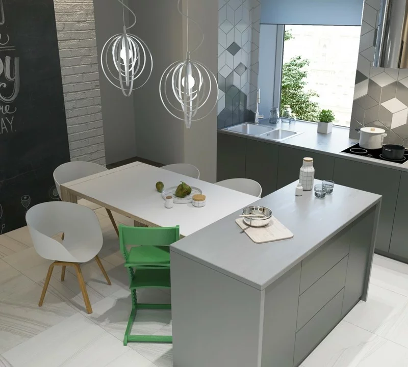 moderne Küche skandinavisch einrichten Kücheninsel Esstisch von oben