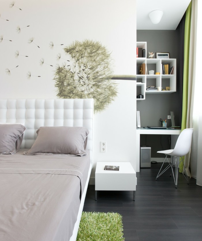 schlafzimmer deko ideen wanddeko weiße wände grüner teppich