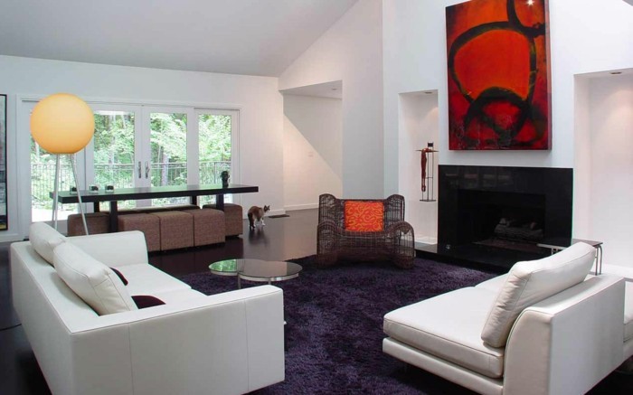 teppich kaufen lila weiße möbel wohnzimmer gestalten