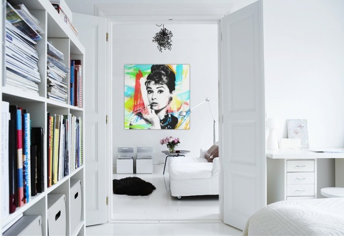 wandbilder wohnzimmer weißes innendesign schwarzer teppich