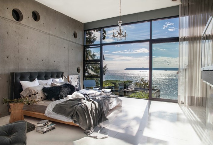 wanddesign schlafzimmer einrichten betonwände panoramafenster