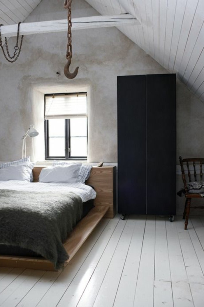 wandgestaltung ideen schlafzimmer betonwände schwarzer kleiderschrank heller bodenbelag
