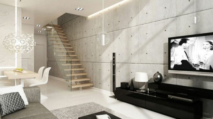 wandgestaltung ideen wohnzimmer betonwände innentreppen