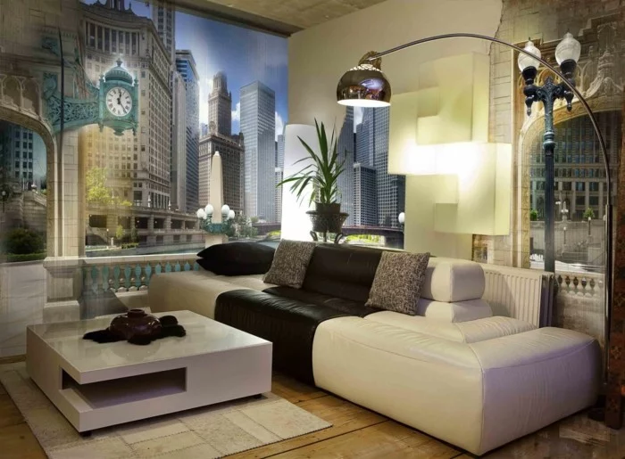 wandmalerei dekoideen wohnzimmer stadt creme sofa holzboden moderner couctisch