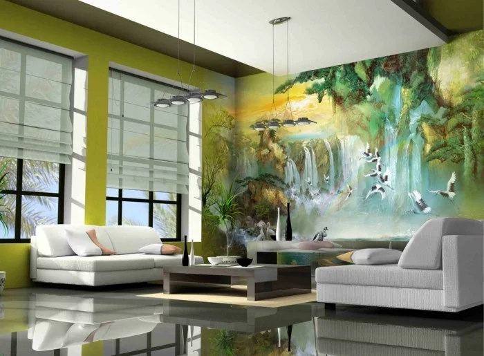 wandmalerei wohnzimmer dekorieren grüne wände weiße sofas