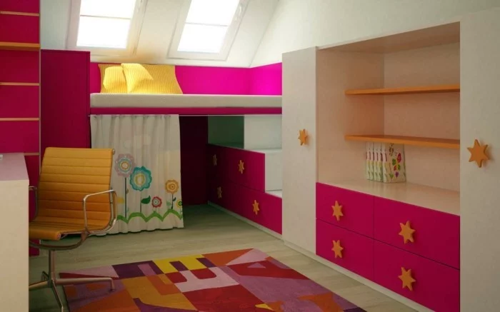 wohnideen kinderzimmer farbiges interieur cooler teppich dachschräge