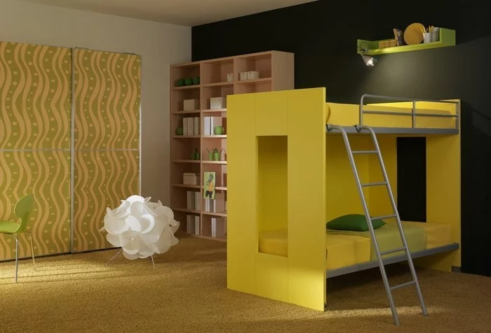 wohnideen kinderzimmer kinderhochbett gelbes design teppichboden coole leuchte