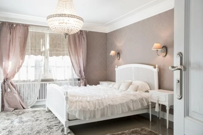 wohnideen schlafzimmer romantisch weiblich teppiche gardinen leuchter