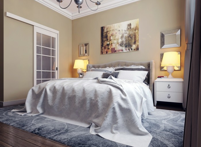 wohnideen schlafzimmer beige wände nachttischlampen grauer teppich