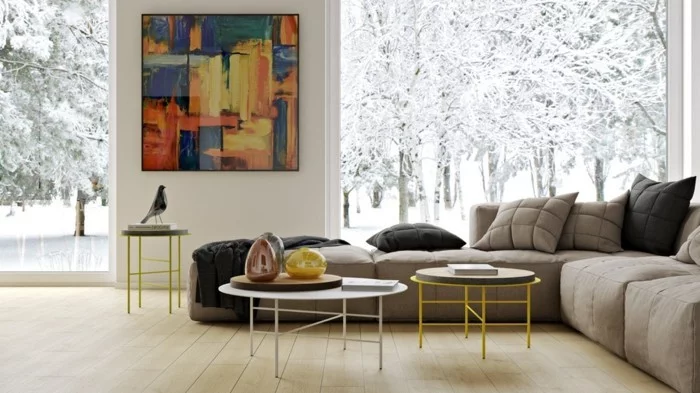 wohnideen wohnzimmer farbige wanddeko mit wandbild mit abstraktem motiv