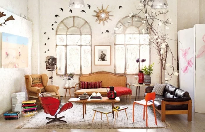 dekoideen wohnzimmer einrichten retro stil sofa sessel teppich