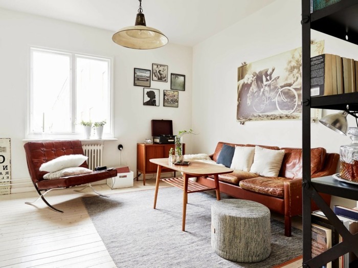 einrichtungsideen vintage wohnzimmer ledermöbel weiße wände hängelampe