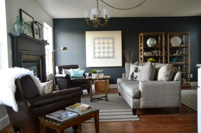 einrichtungsideen wohnzimmer vintage graue akzentwand