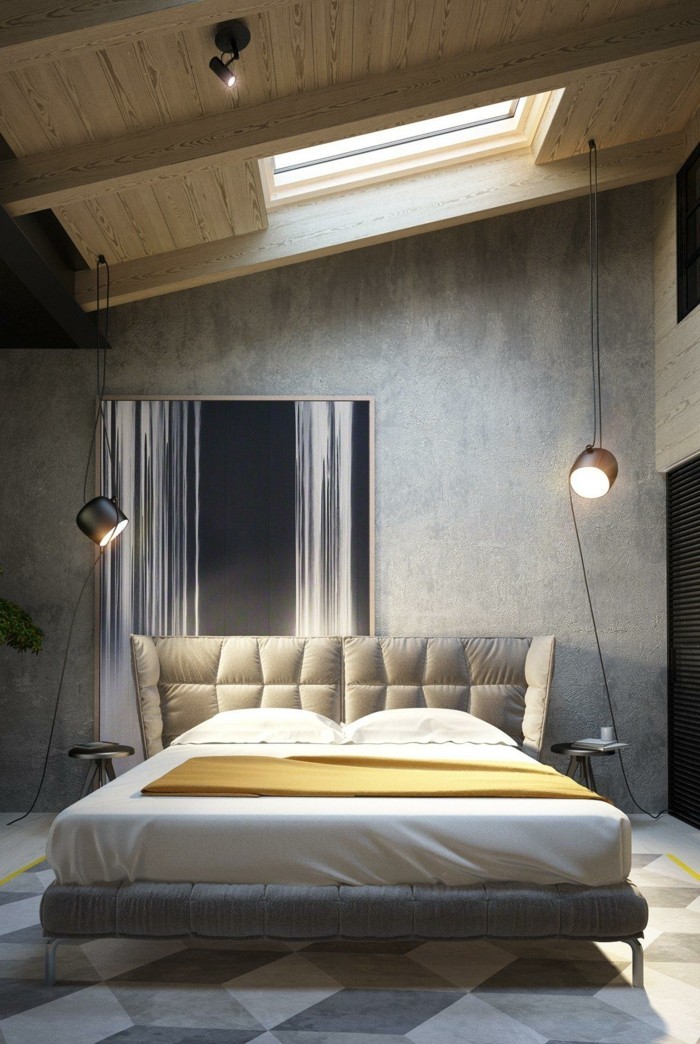 ideen für wandgestaltung schlafzimmer betonwand geometrischer teppich