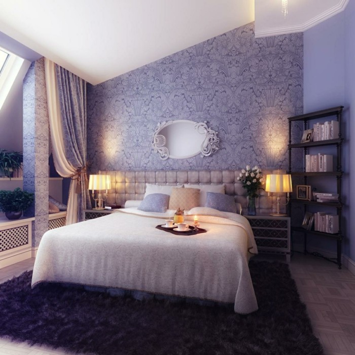 ideen für wandgestaltung schlafzimmer dekorieren tapeten lila teppich