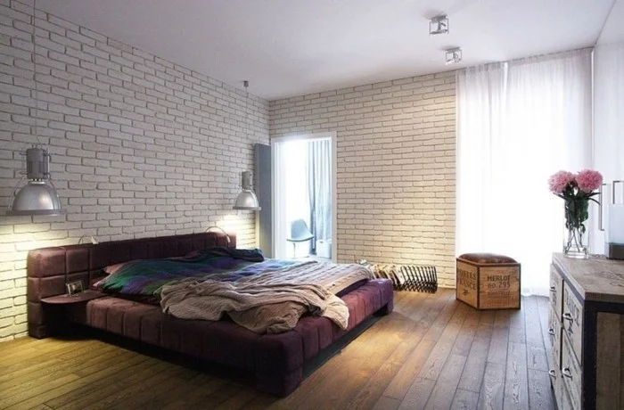 Ideen für Wandgestaltung mit Ziegelwänden im Schlafzimmer