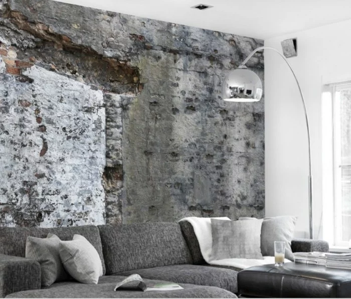 Ideen für Wandgestaltung mit Wandtapate in Betonoptik im Wohnzimmer