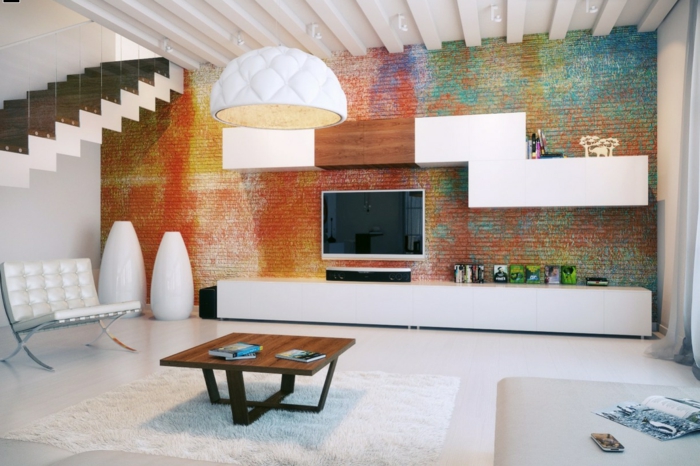 ideen für wandgestaltung wohnideen wohnzimmer farbige ziegelwand