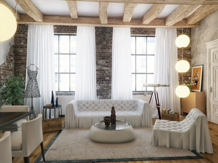 ideen für wandgestaltung wohnzimmer ziegelwand weiße gardinen schicke möbel