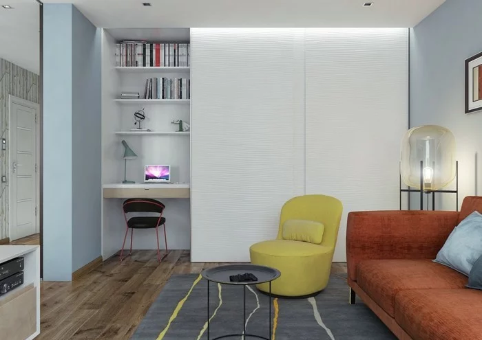 innendesign ideen retro wohnzimmer gelber sessel holzoptik bodenbelag
