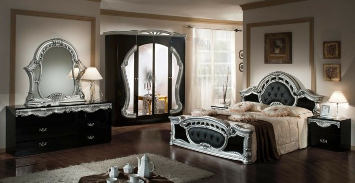 innendesign rokoko schlafzimmer silberne akzente schwarze möbel teppich