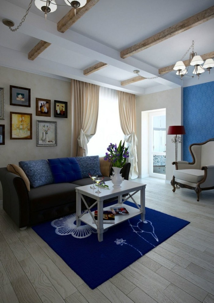 innendesign wohnzimmer blauer teppich blumenmuster bodenbelag