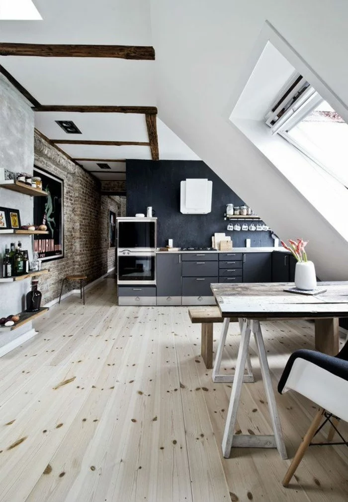 Dachgeschosswohnung kücheneinrichtung mansarde dachschräge deko ideen küche18