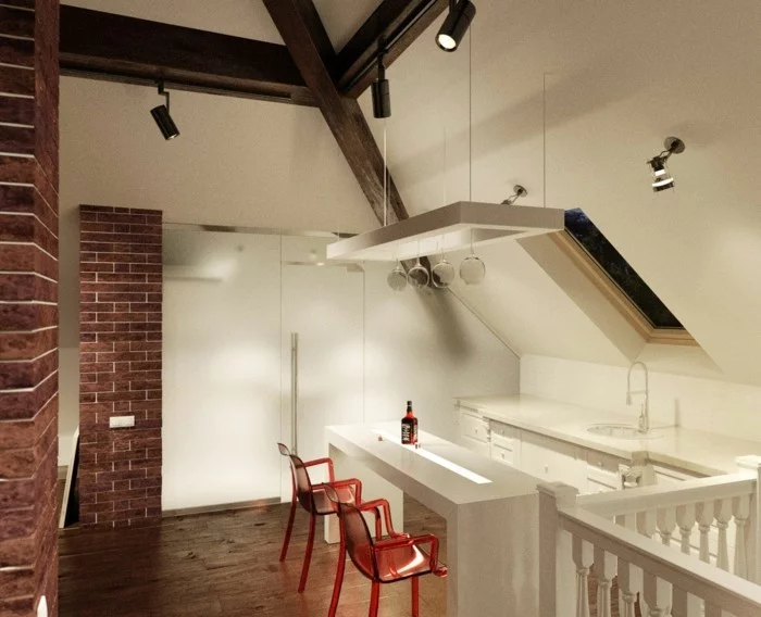 Dachgeschosswohnung kücheneinrichtung mansarde dachschräge deko ideen küche8