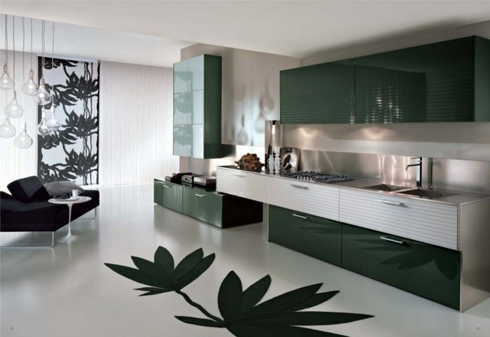 küchenkauf grüne akzente blätter moderner bodenbelag