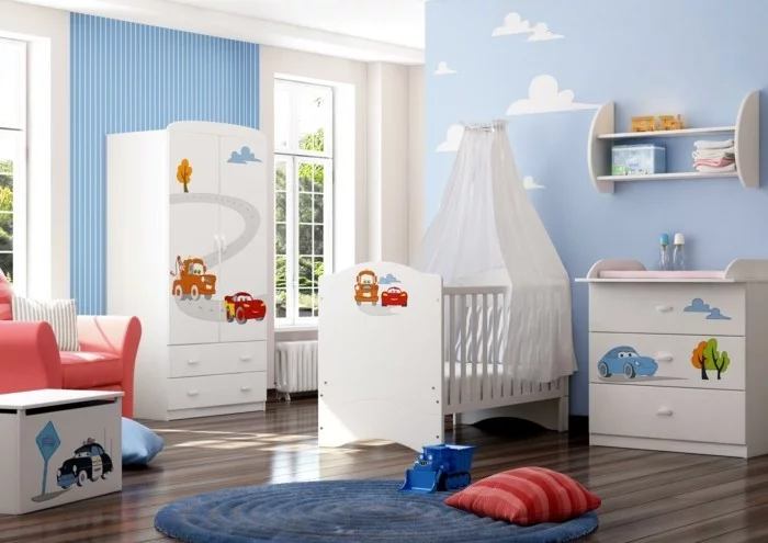 Babyzimmer mit blauem Teppich in runder Form