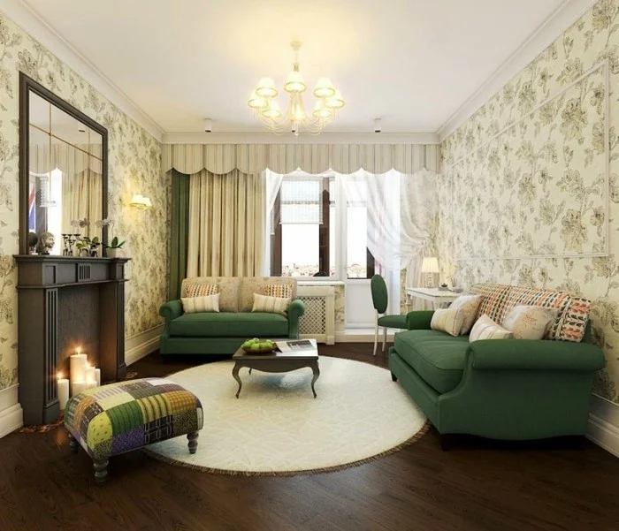 weißer runder Teppich und grüne Wohnzimmermöbel