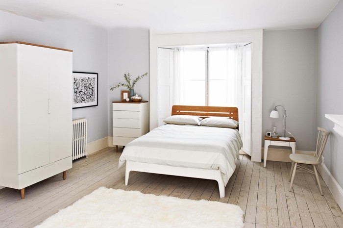 skandinavisch einrichten schlafzimmer ideen weißer teppich holzboden