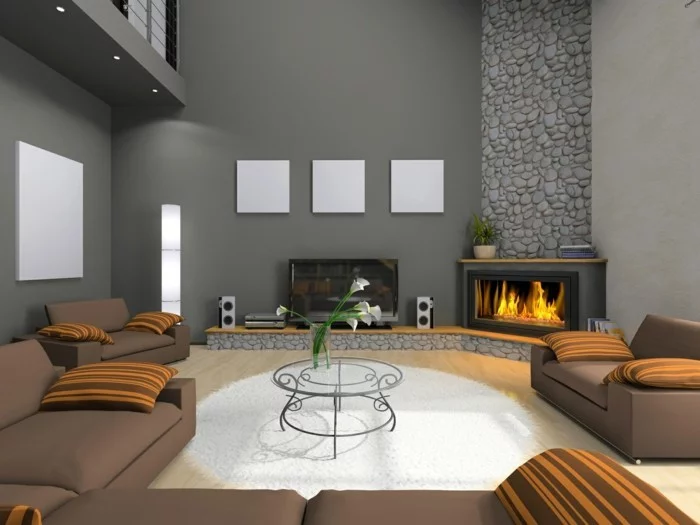 Kamin, weißer Teppich und braune Wohnzimmermöbel