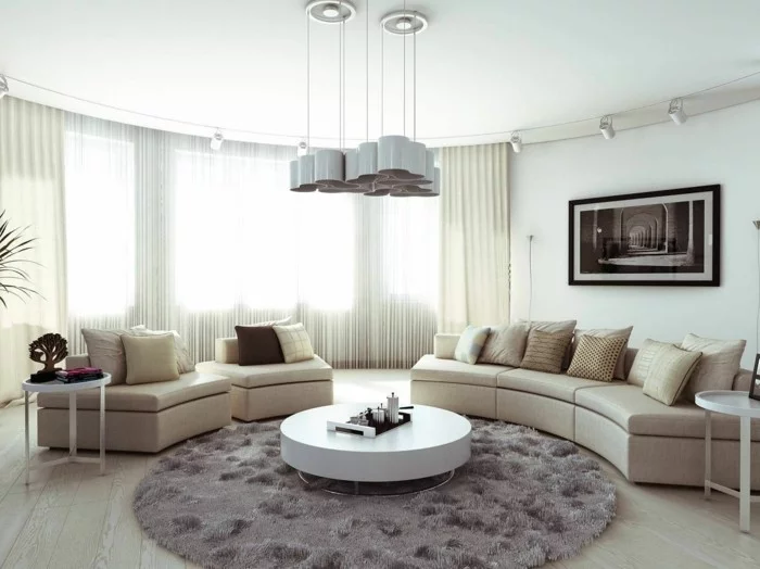 geräumiges Wohnzimmer mit einem Hochflorteppich in Grau