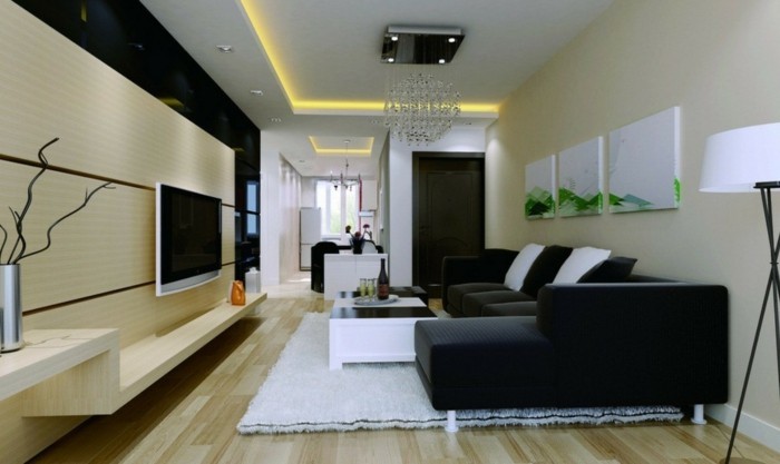 wandbilder dekoideen wohnzimmer leinwandbilder weißer teppich schwarzes sofa