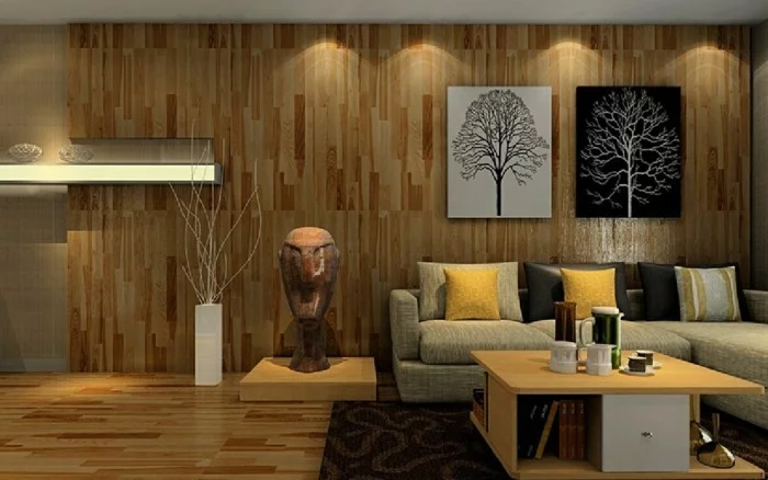 Wandgestaltung in Holzoptik und moderne Akzentbeleuchtung